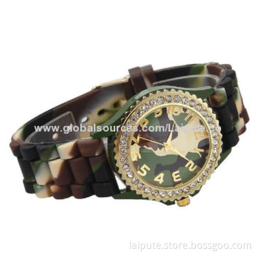2014 Latest Design Army Geneva Crystal Rhinestone Watch, Silicone Jelly Link, Dark Green Band